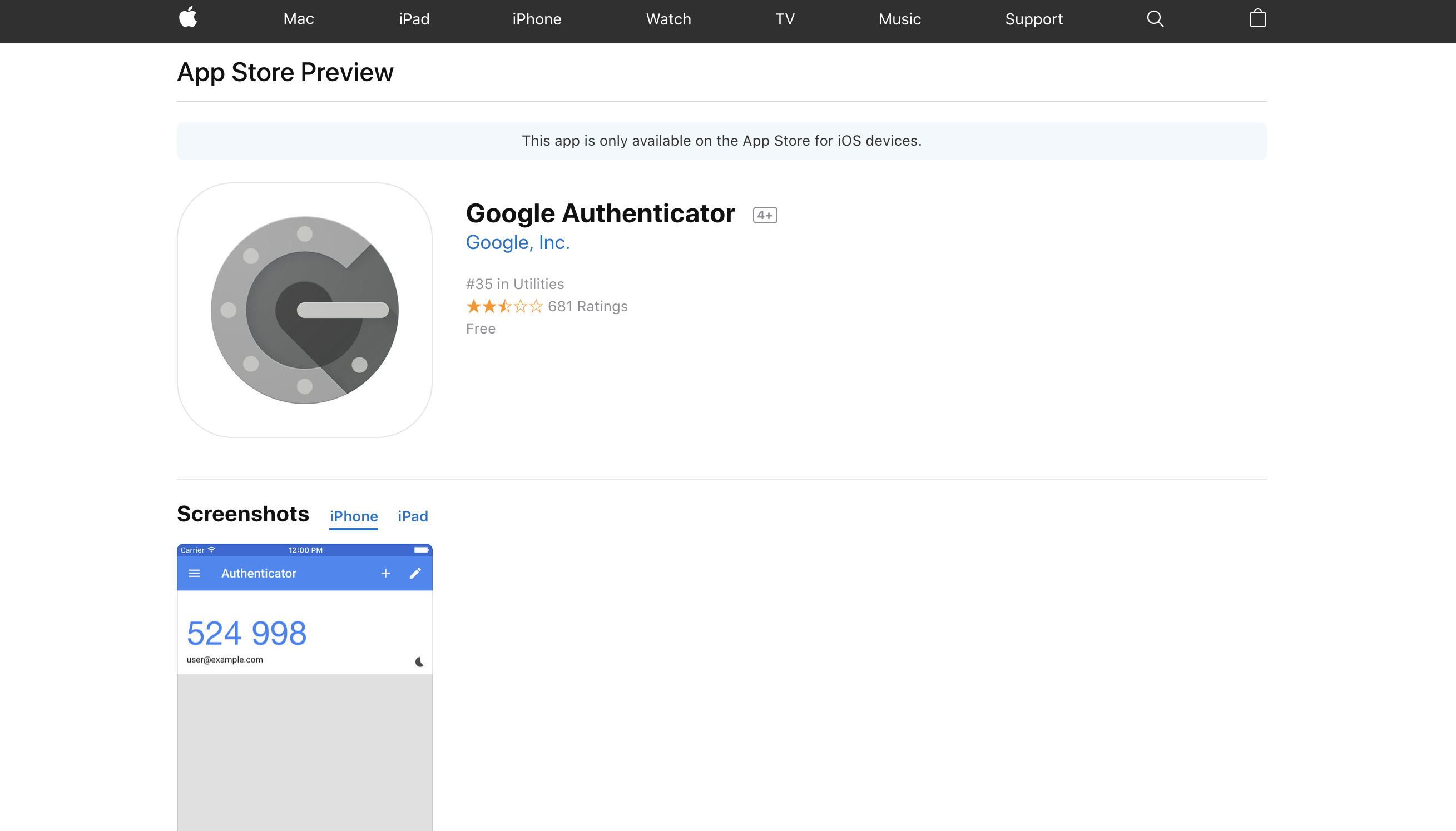 google authenticator apple store